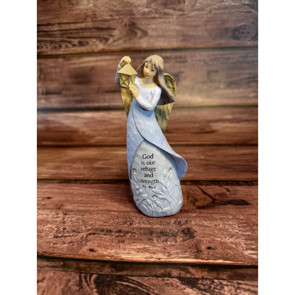Sweet Angel Figurine With Lantern God Is Our Refuge Blue 5 1/2 inches